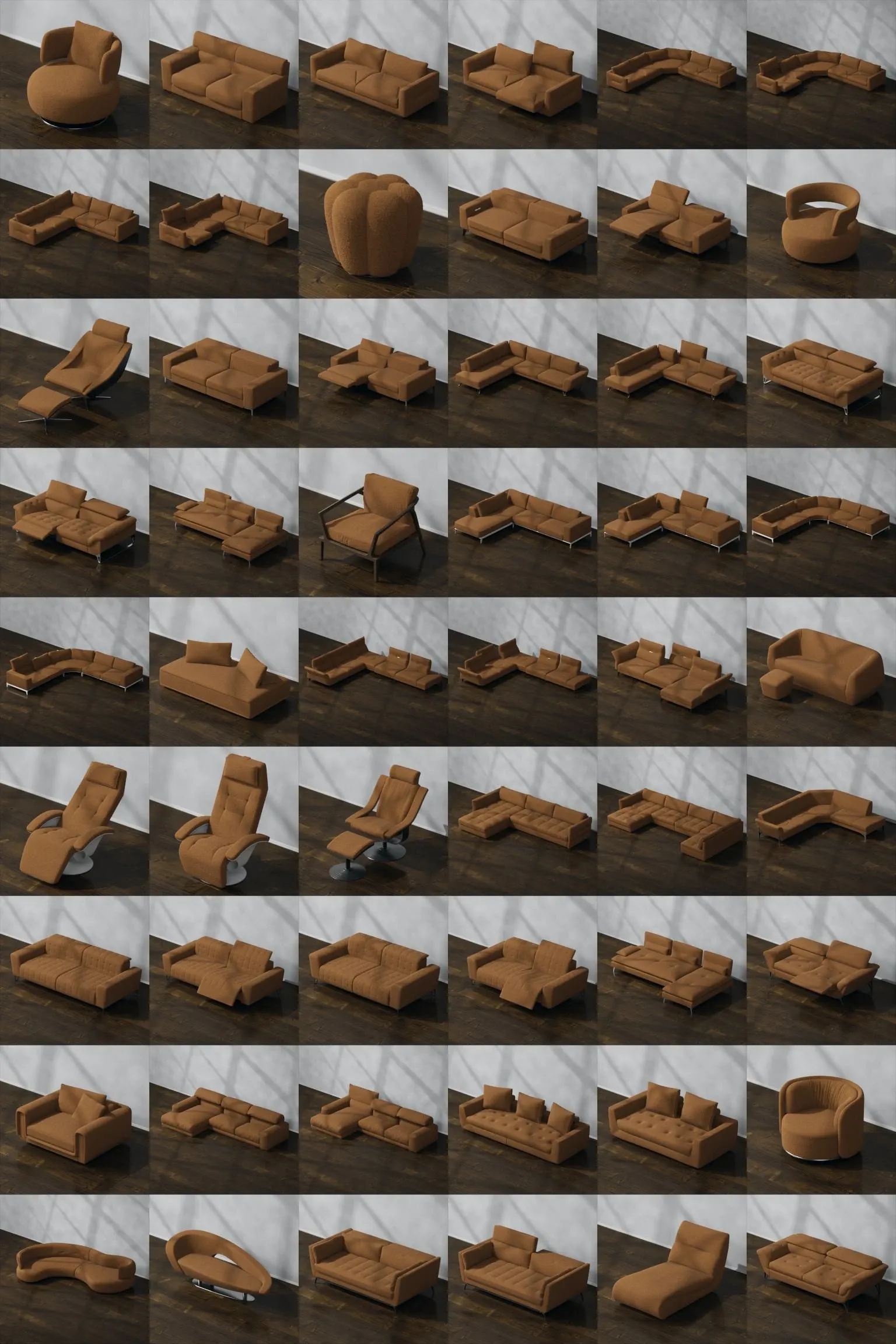 different sofas with different colors and angles